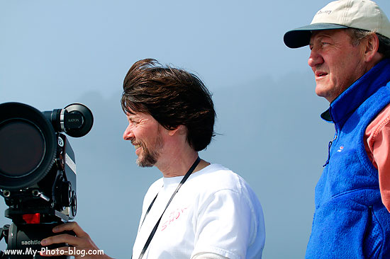 Ken Burns with producer Dayton Duncan filming in Aialik Bay, Kenai Fjords National Park, Alaska.