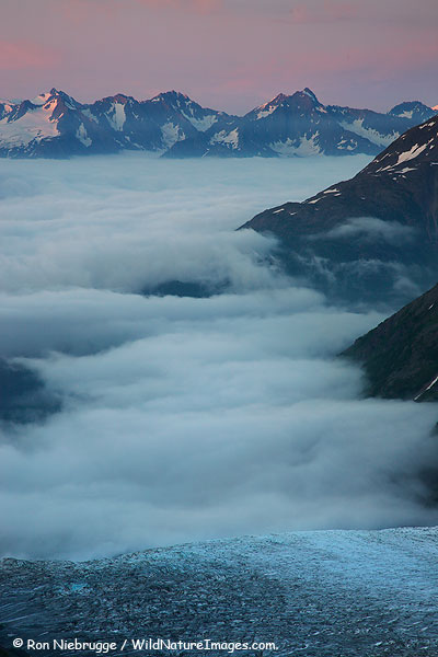 Looking down Exit Glacier from the Harding Icefield, Kenai Fjords National Park, Alaska.