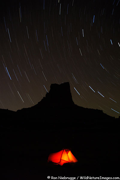 Star trails above our tent along the White Rim Trail, Canyonland National Park, Utah.
