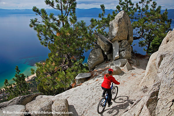 Janine mountain biking the Flume Trail, Lake Tahoe, Nevada.