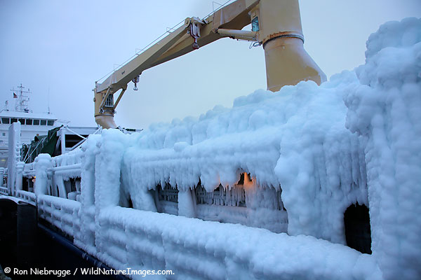 A cargo ship coated with thick ice, Seward, Alaska.